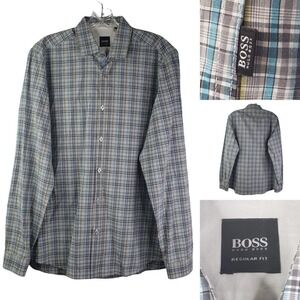Hugo Boss Mens Regular Fit Medium Long Sleeve Plaid Button Down Shirt
